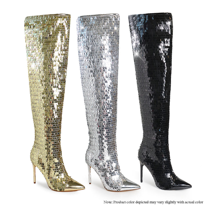 three pairs of high heeled boots with sequins