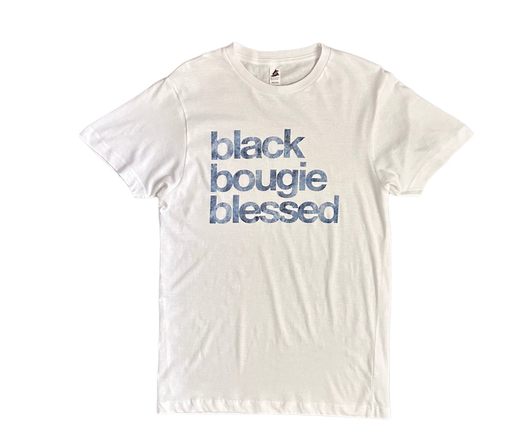a white t - shirt that says black bougie blessing