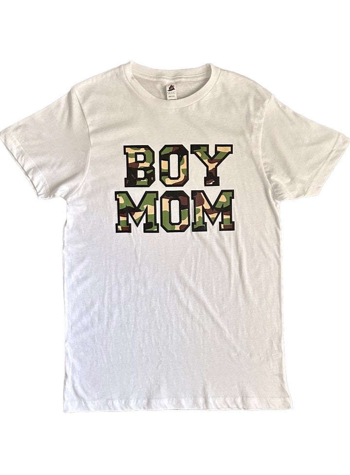 a white t - shirt with the word boy mom printed on it