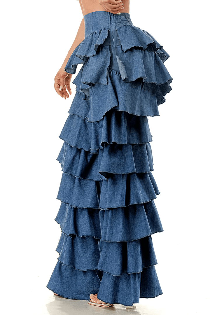 Ruffle Tiered High Waist Denim Pants