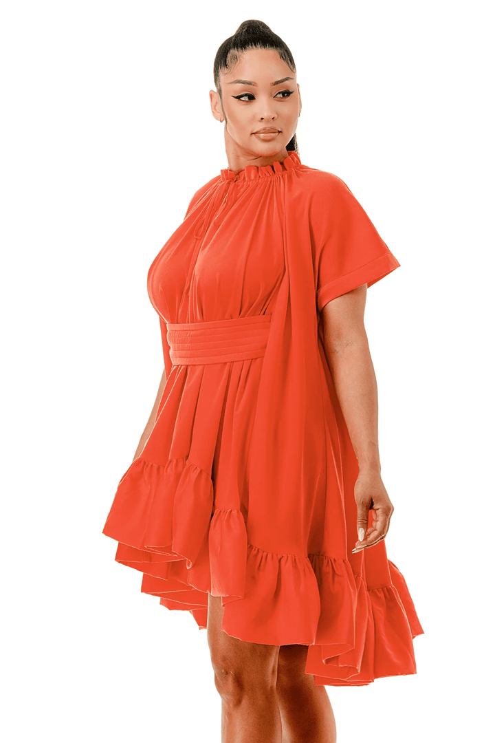 Short Sleeve Cape Style Belted Ruffled Flare Mini Dress