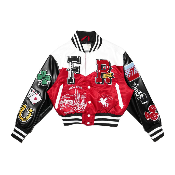 a red and black jacket with patches on it