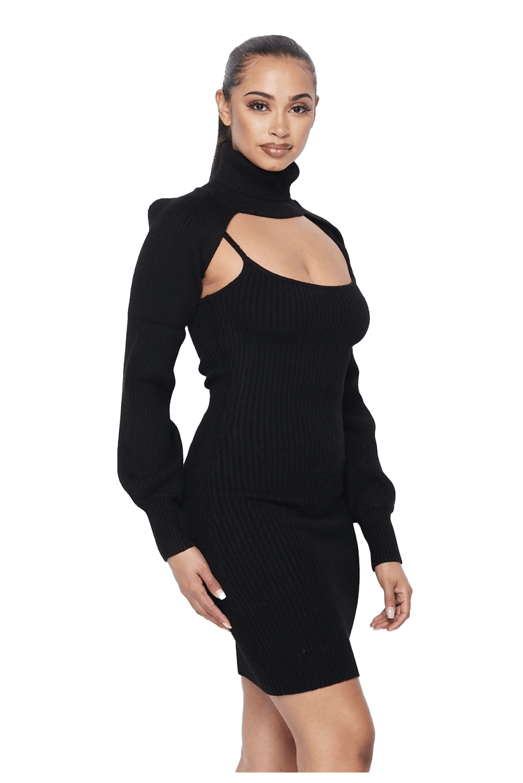 a woman in a black sweater dress