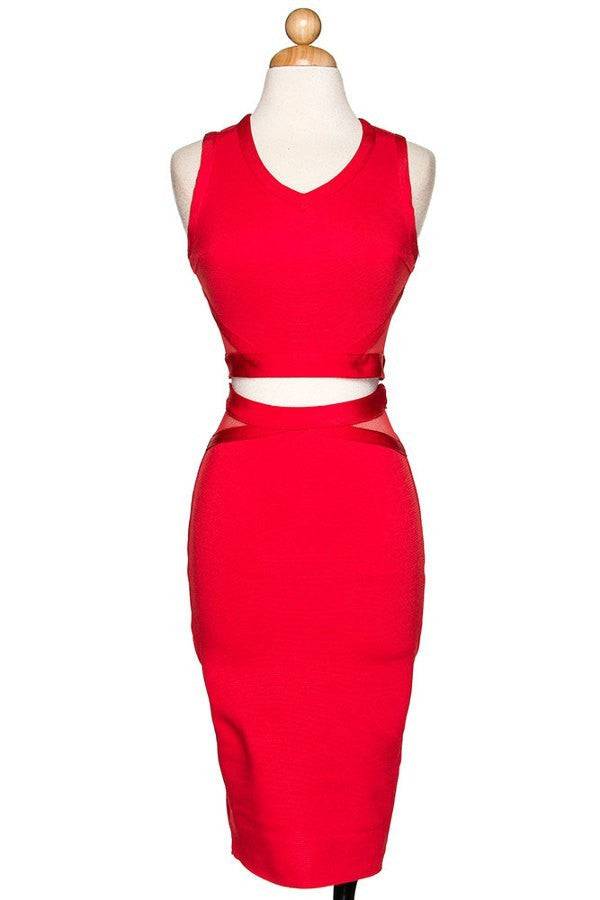 2pc Bandage w/ Mesh Detail Vneck Cropped Top Skirt Set The House of Stylez