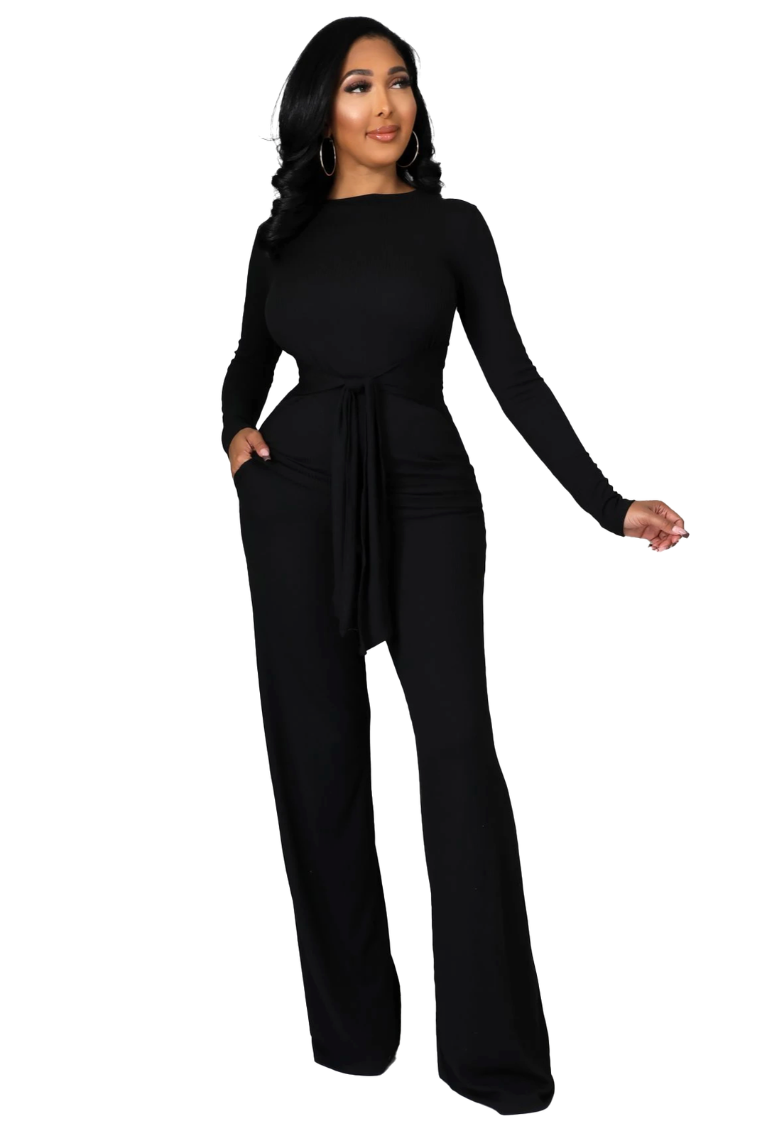 2 PC Ribbed Belted Top Wide Leg Bottom Set - Black Good Times