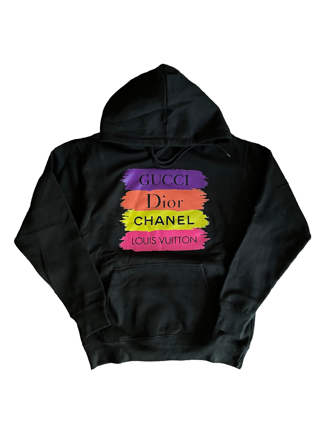 a black hoodie with the words gucci dou chanel on it