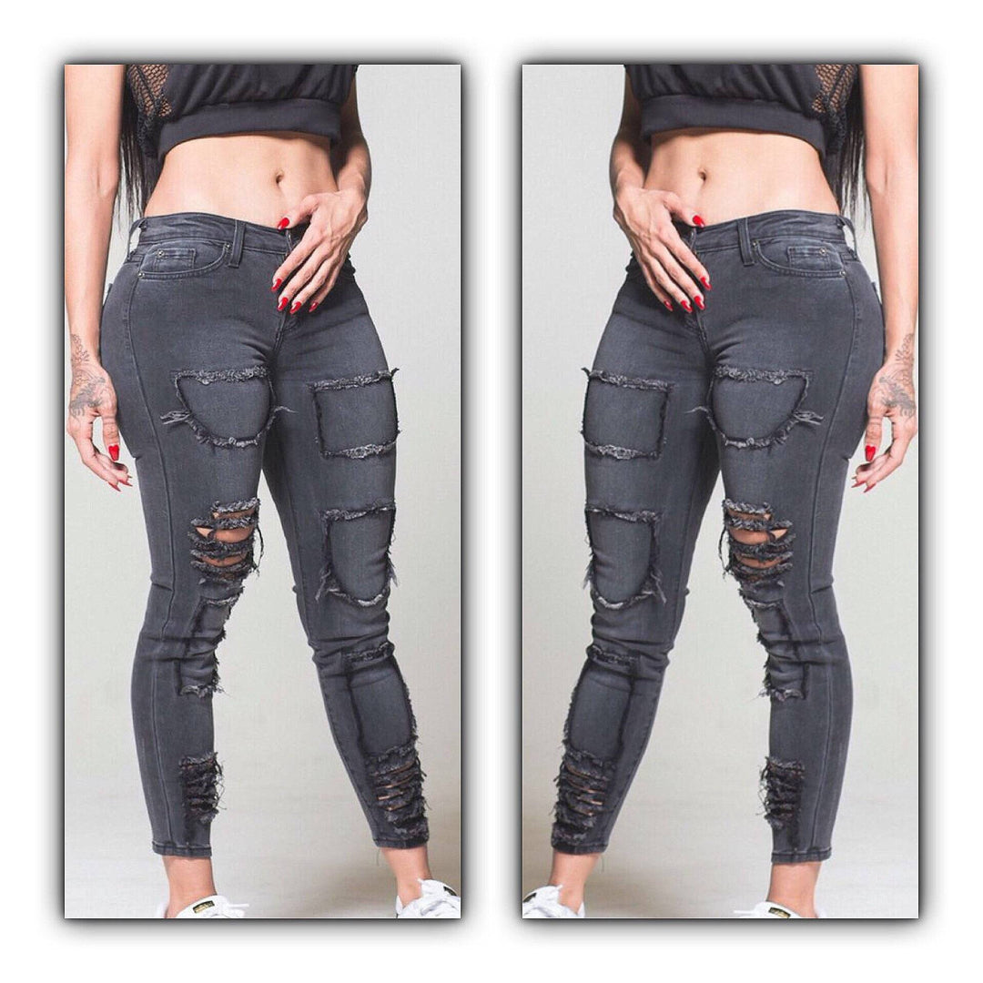 Black Washed Denim Patched Distressed Jeans GJG Denim