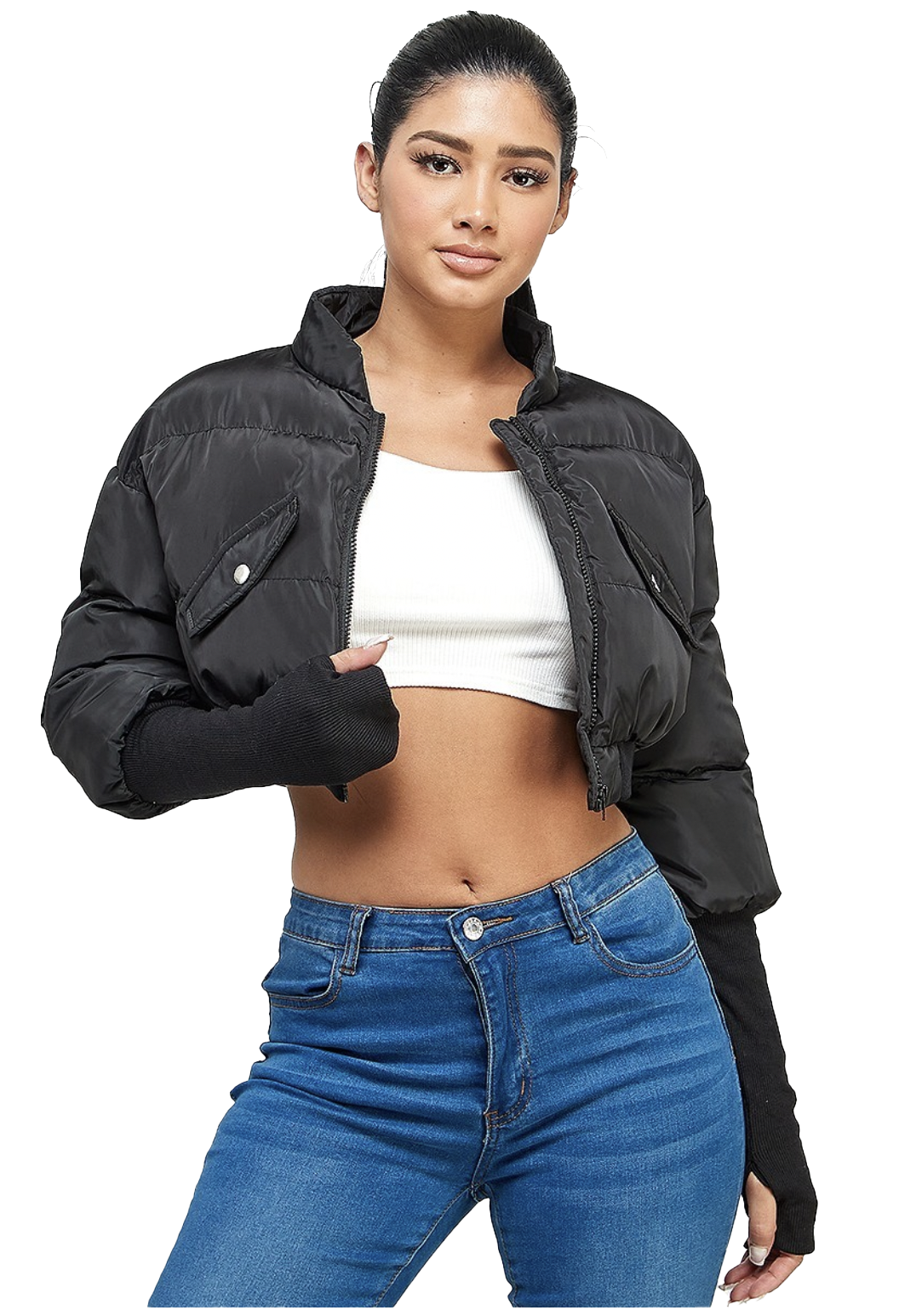 a woman wearing a black jacket and jeans