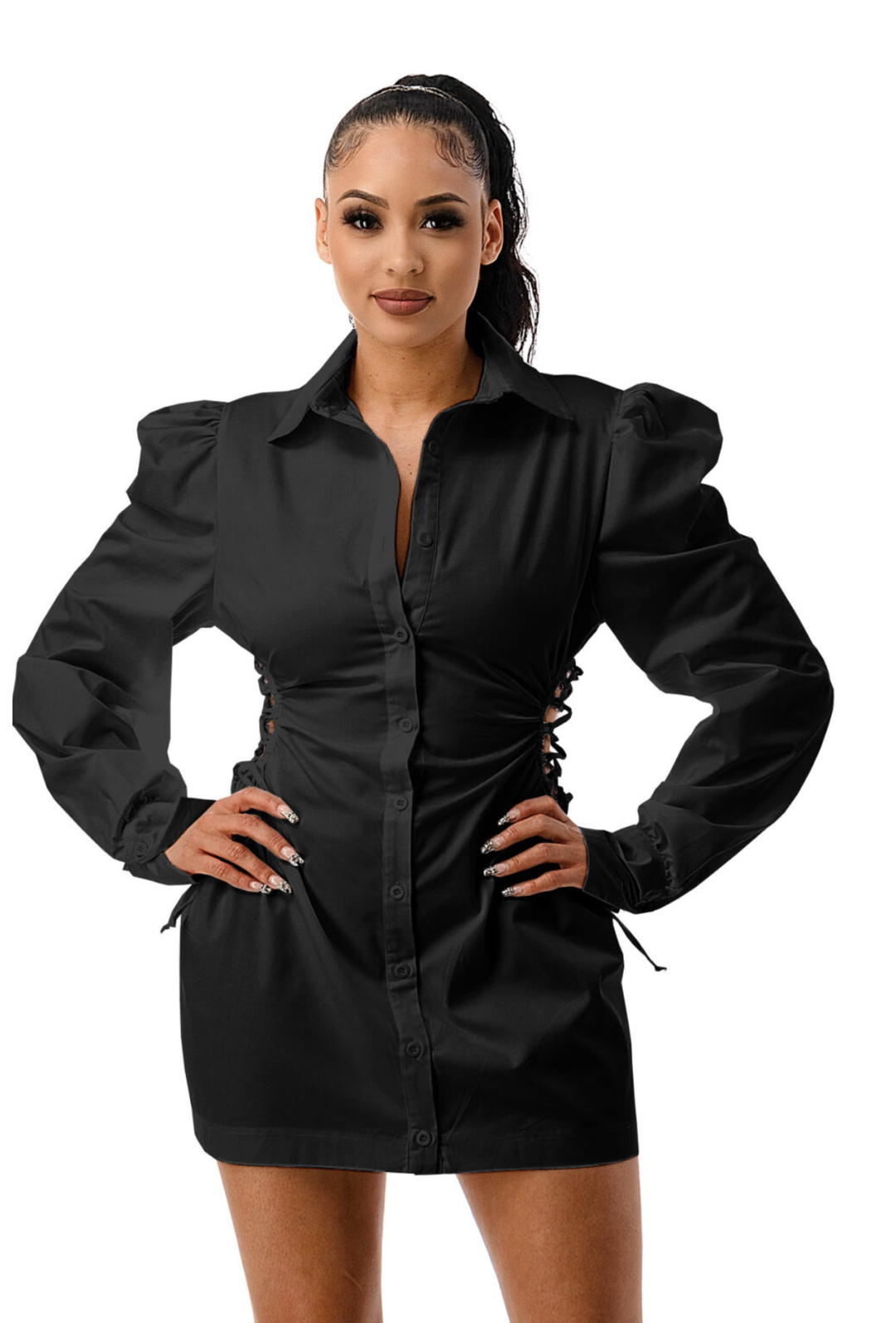 a woman in a black dress posing for a picture