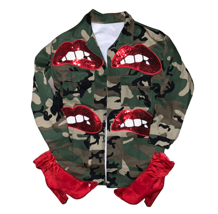 a camo jacket with red sequins on the lips