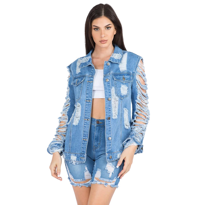 a woman wearing a jean jacket and shorts