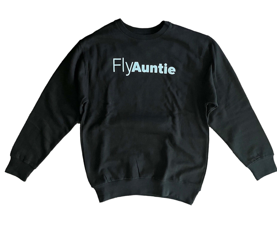 a black sweatshirt with the word flyauntie printed on it