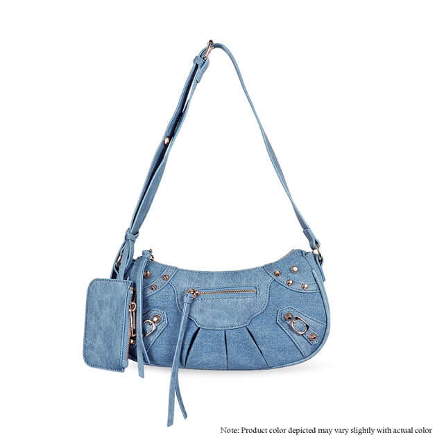 a blue purse with a zipper on it