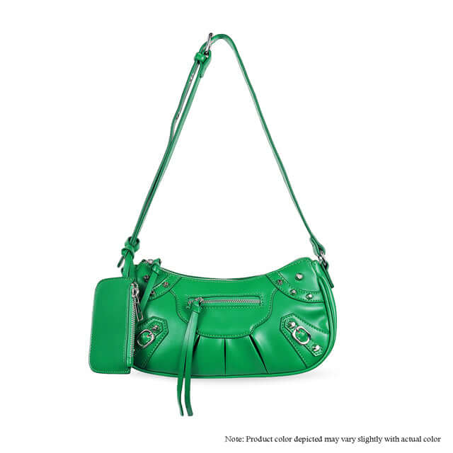 a green purse with a tasselled strap