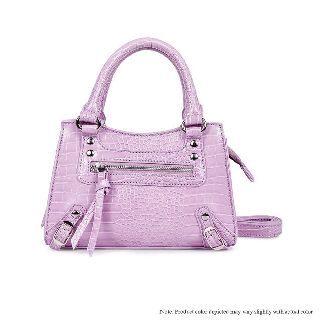 a purple handbag with a zipper on the front