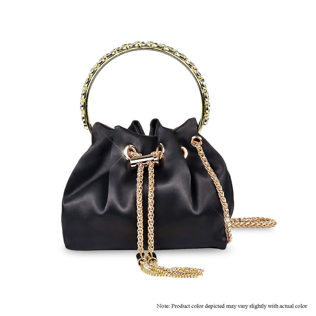 a black purse with a gold chain handle