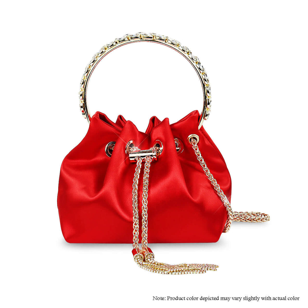 a red purse with a chain on the handle