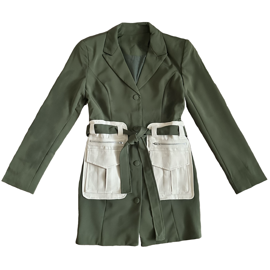a green jacket with two pockets and a belt
