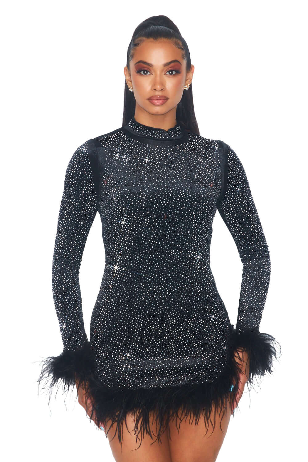Rhinestone and Feather Velvet Mini Dress Large Rhinestone and Feather Velvet Mini Dress Large