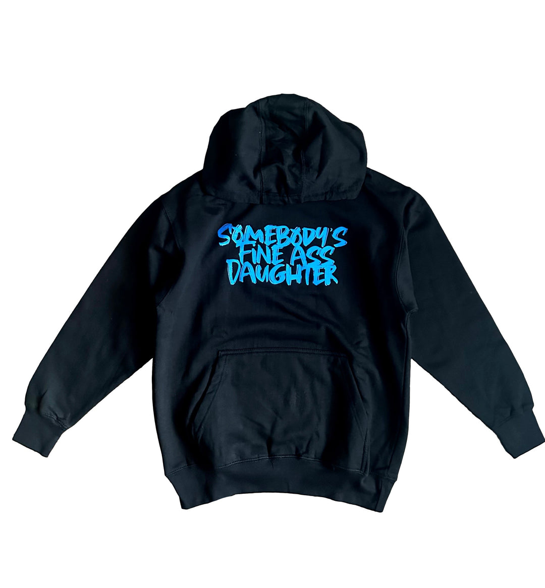 a black hoodie with the words somebody's fine art daughter printed on it