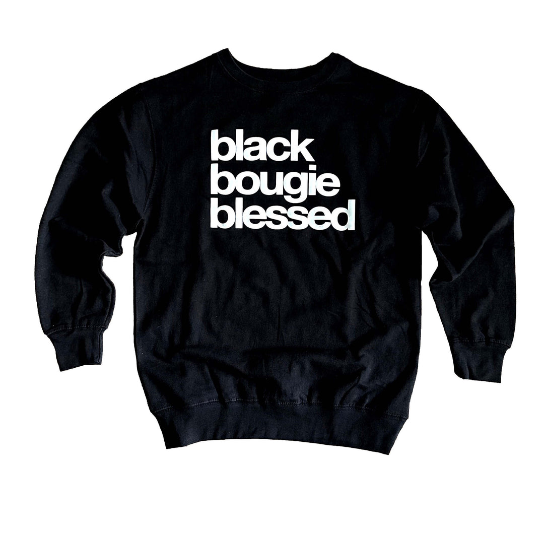 a black sweatshirt with the words black, boogie, and bleed on it