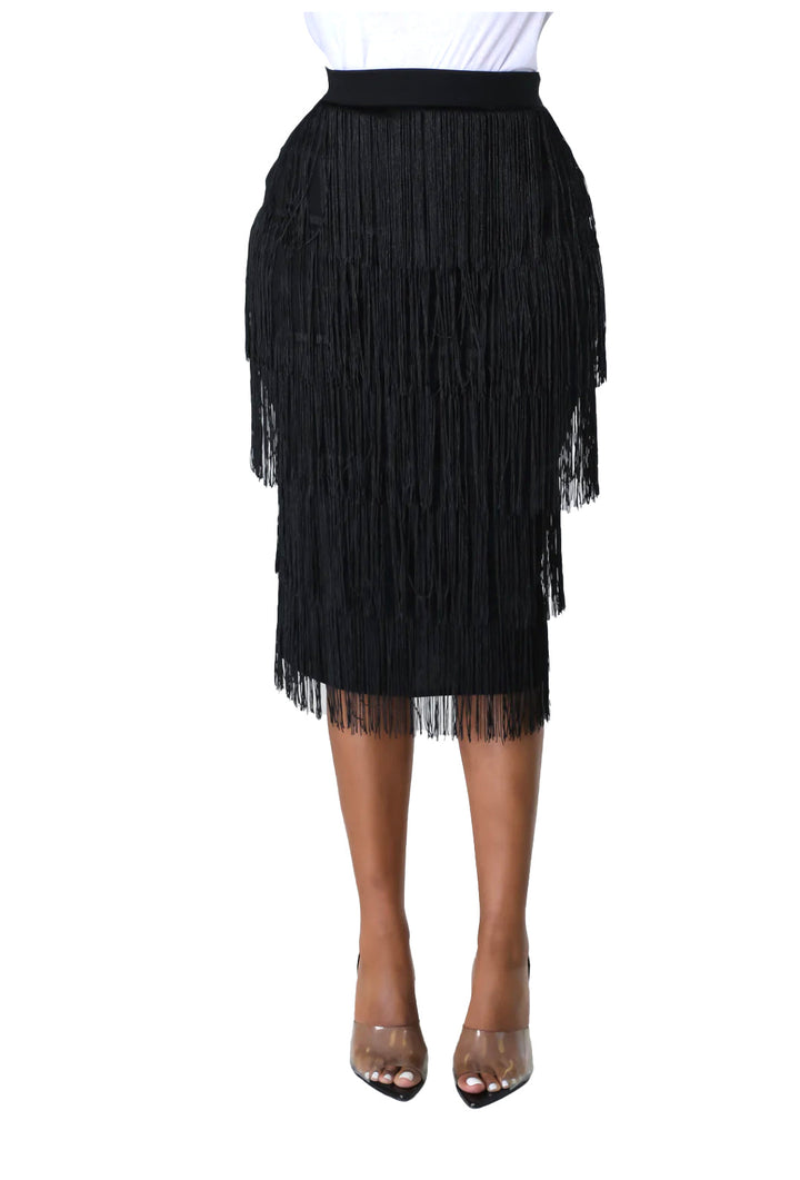 a woman wearing a black skirt with fringes