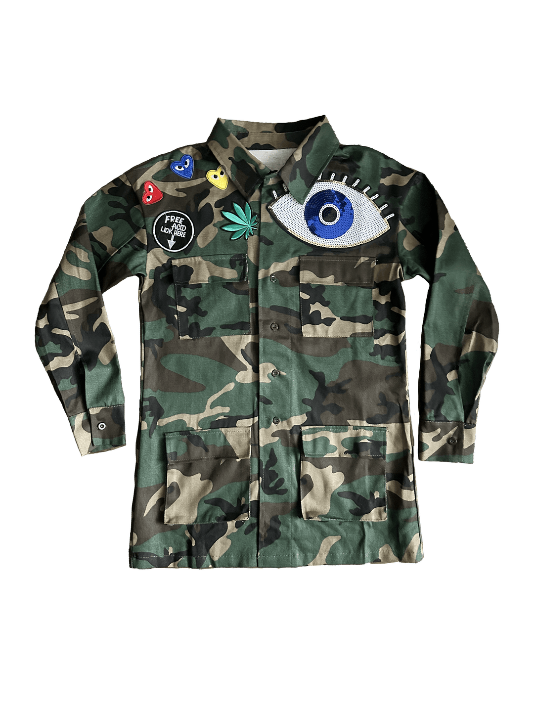 a camo jacket with a blue eye on it