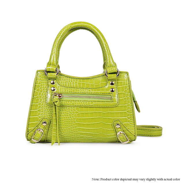 a lime green handbag with a zippered handle