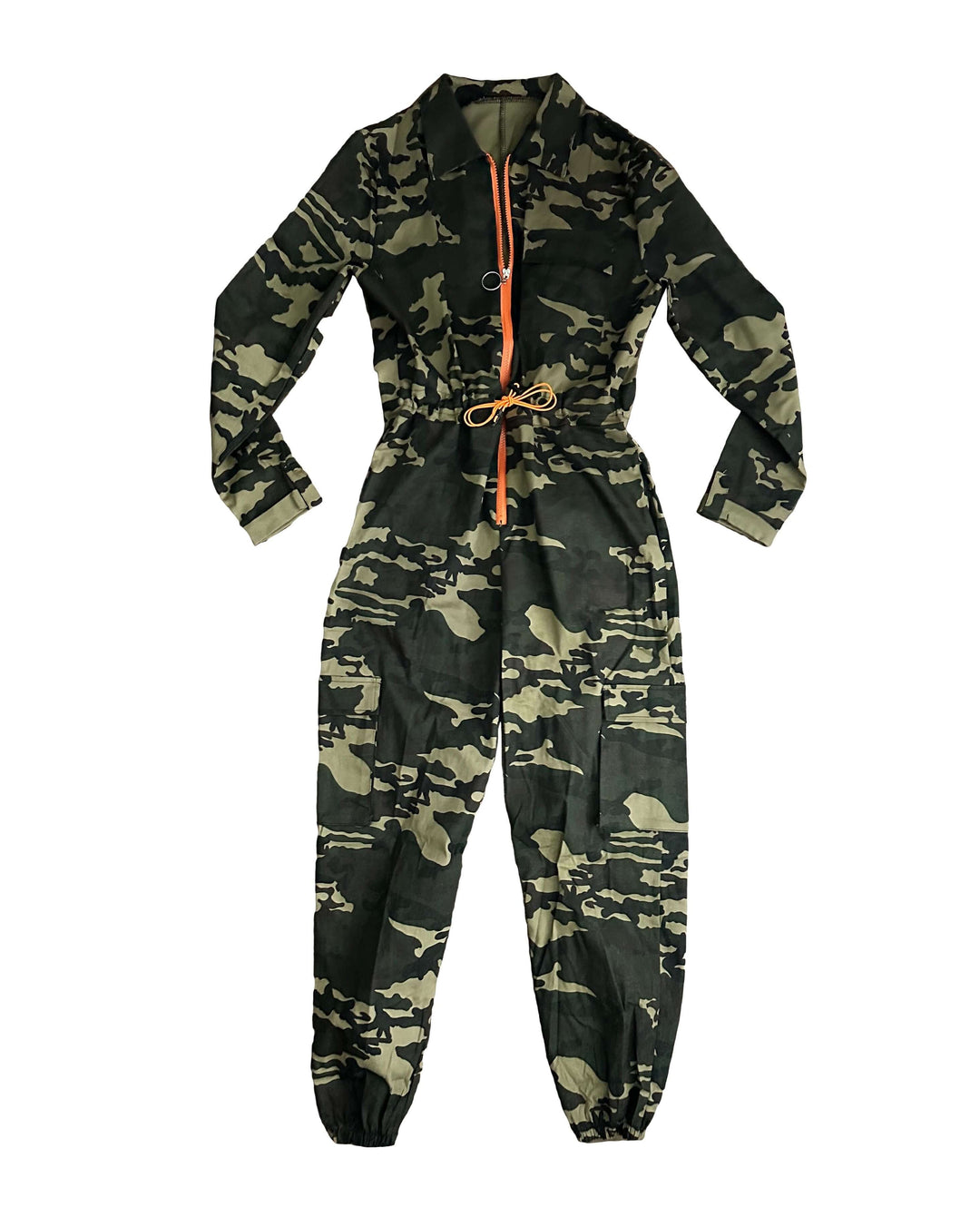 a green camouflage jumpsuit with an orange zipper