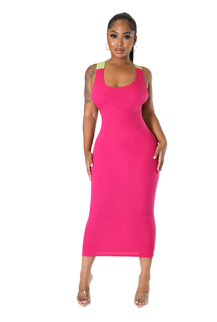 a woman in a bright pink dress