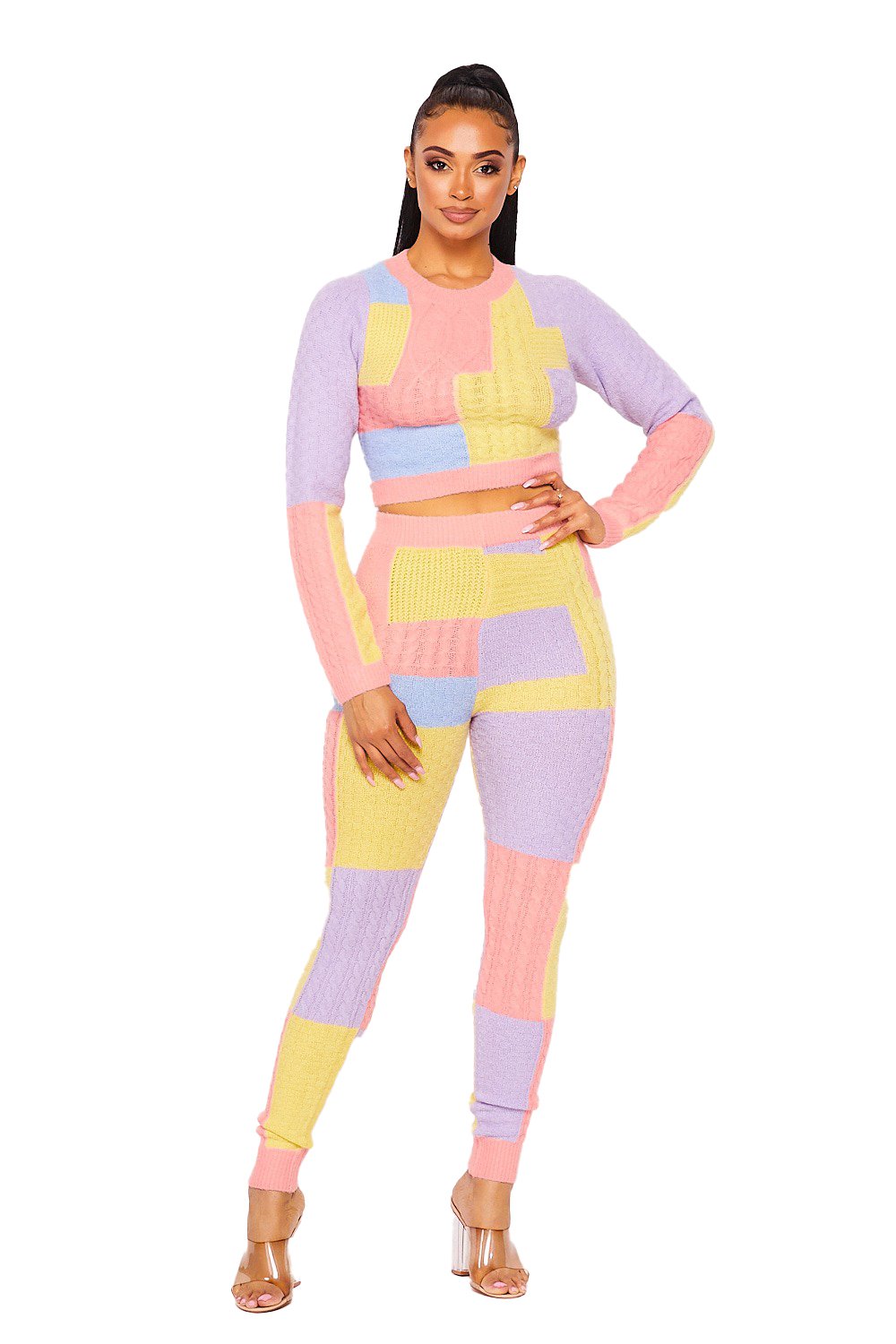 Knit Cropped Top Legging Set -Multi Color Pastel - Main Image