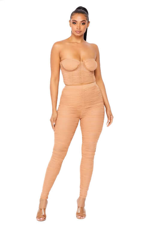 See Thru 2 PC Ruched Sweetheart Top with Matching Pants Hot & Delicious
