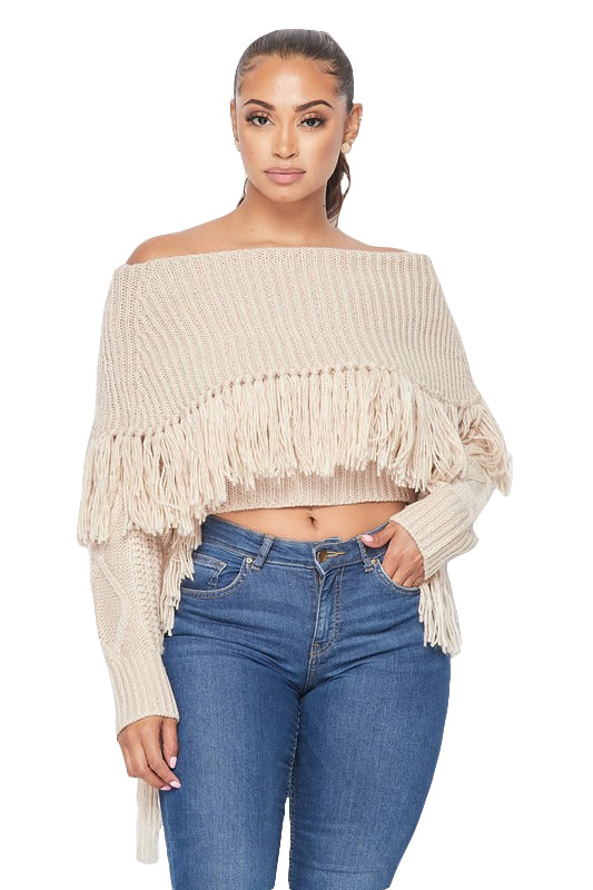 Off The Shoulder Fringe Long Sleeve Sweater Peru Small