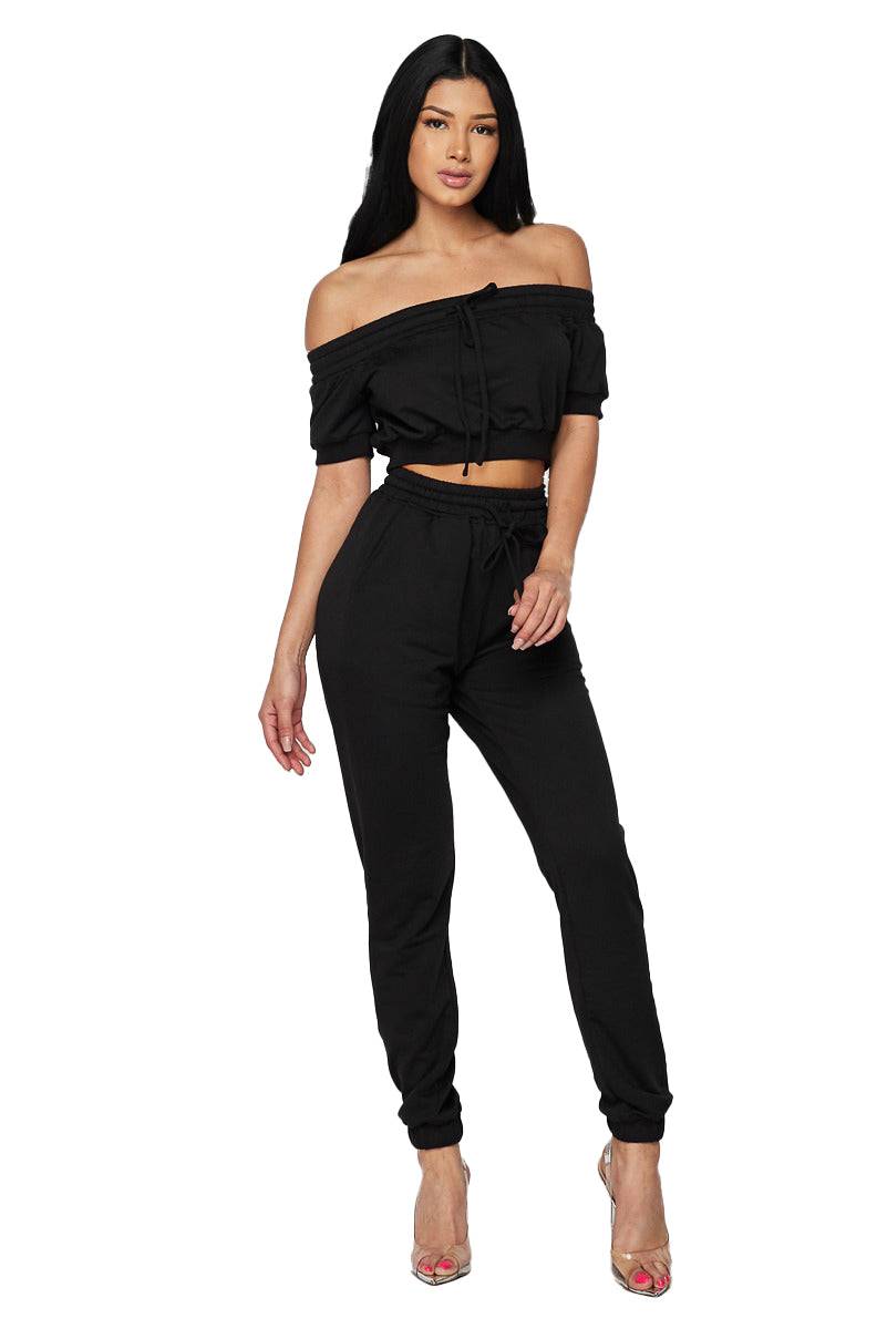 2 PC Off The Shoulder Sweat Suit - Black Hot & Delicious