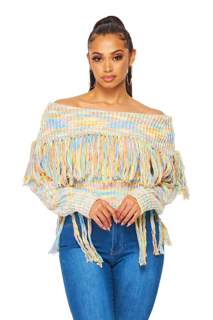 Multi Color Off the Shoulder Fringe Long Sleeve Sweater – The House of  Stylez