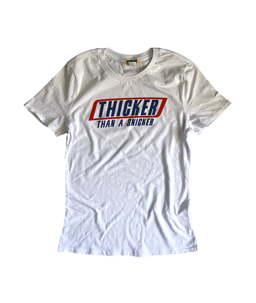 a white t - shirt with a red and blue slogan