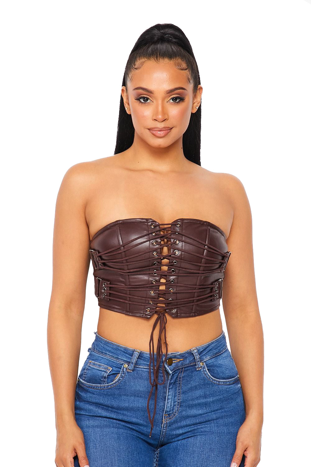 Hot Brown Leather Corset Tube Top