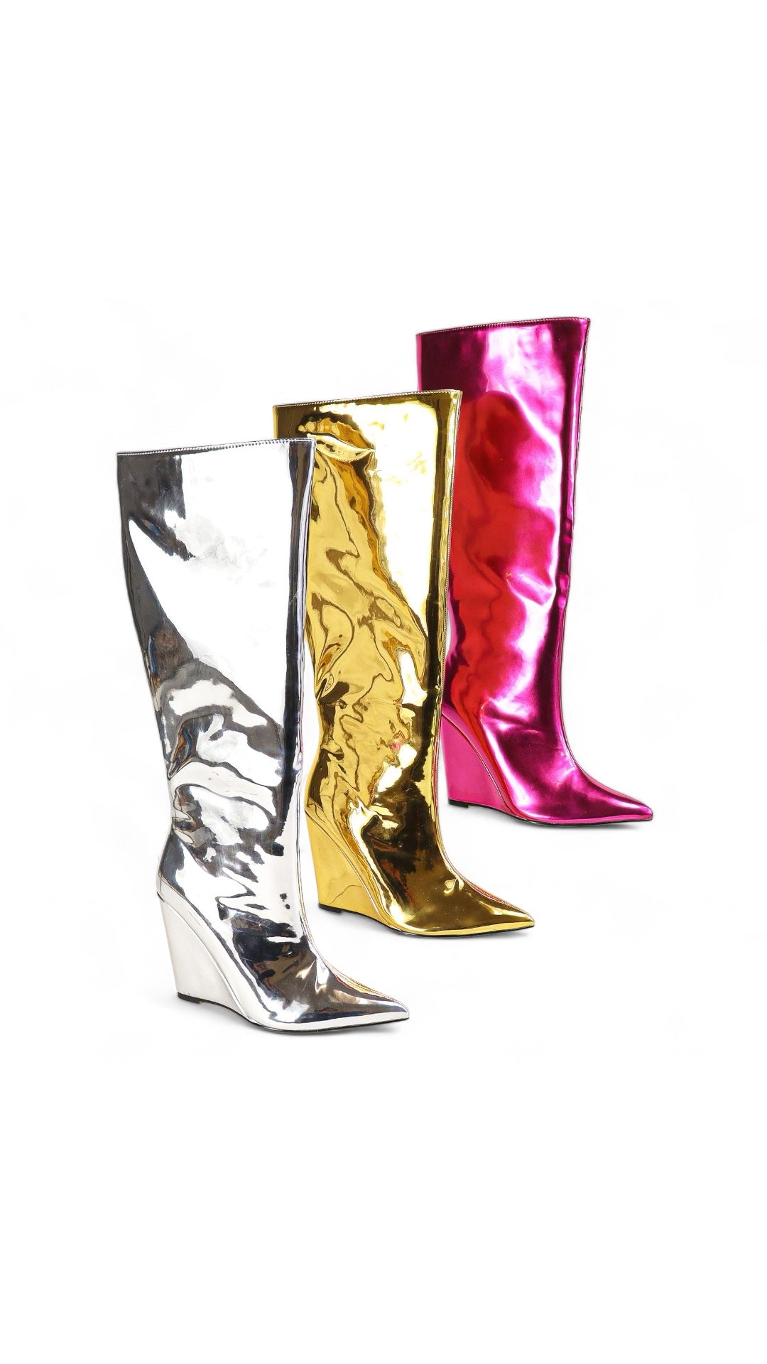 a pair of metallic boots on a white background