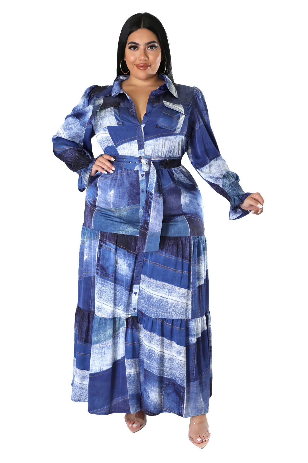 a woman wearing a blue and white dress