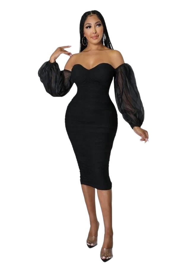 Sweetheart Ruched Midi Dress with Mesh See Thru Sleeves