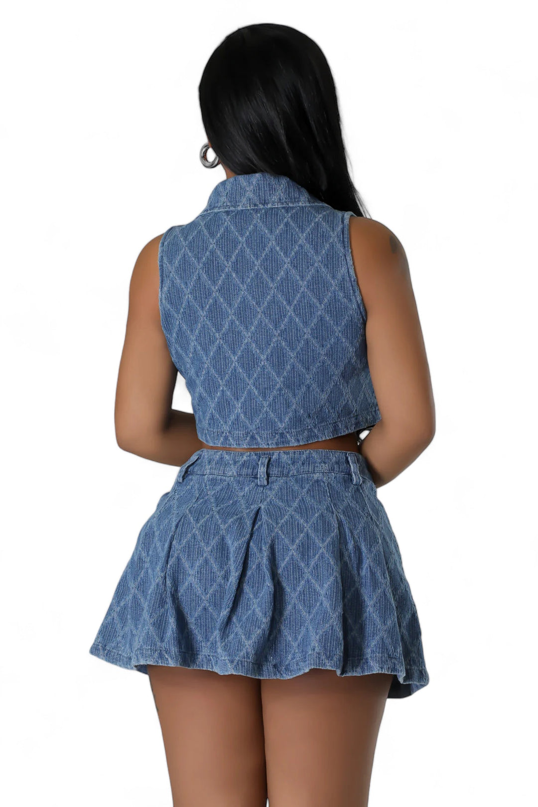 Two Piece Jaquard Denim Crop Top & Mini Skirt Set