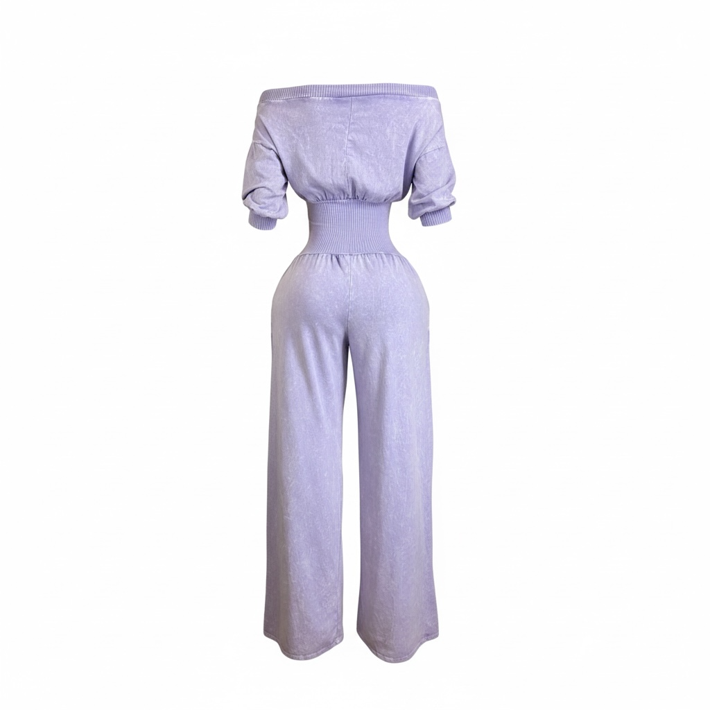 Mineral Wash Off Shoulder Wide Leg Jumpsuit