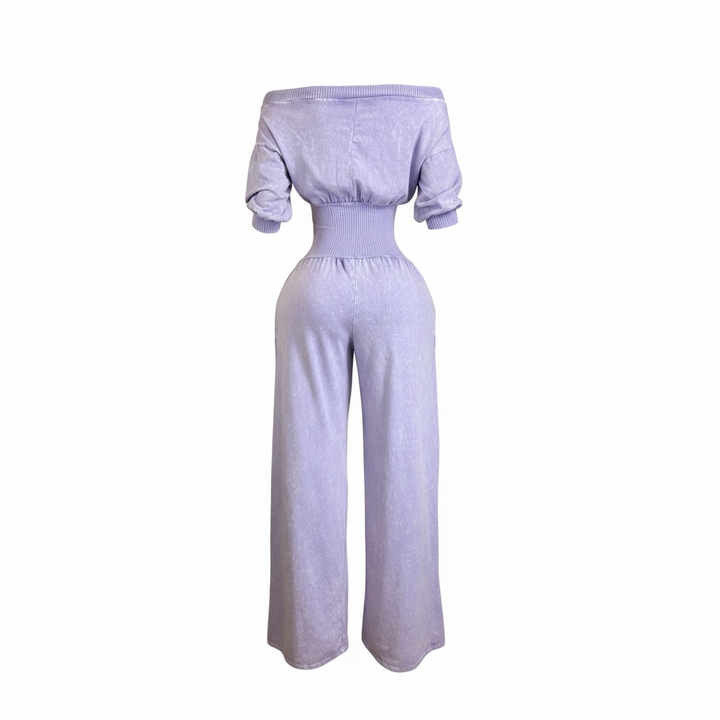 Mineral Wash Off Shoulder Wide Leg Jumpsuit
