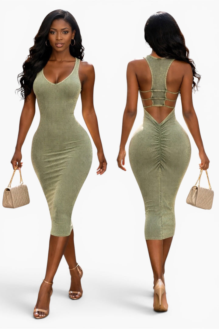 Mineral Wash Caged Back Detail Knee Length Dress