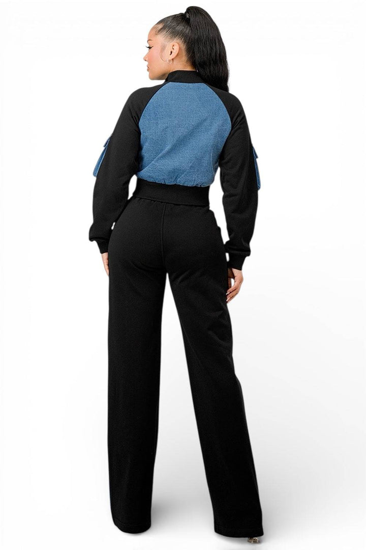 Mixed Material Denim Zip Up Crop Jacket Pants Set