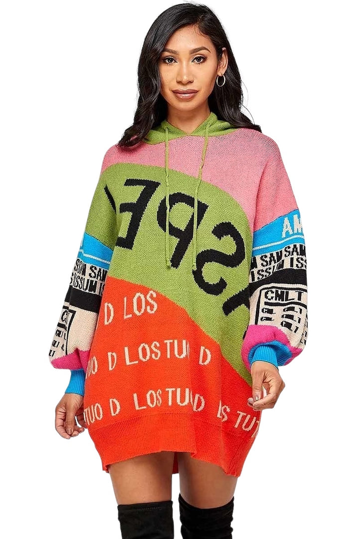 Multi Color Hooded Sweater Dress