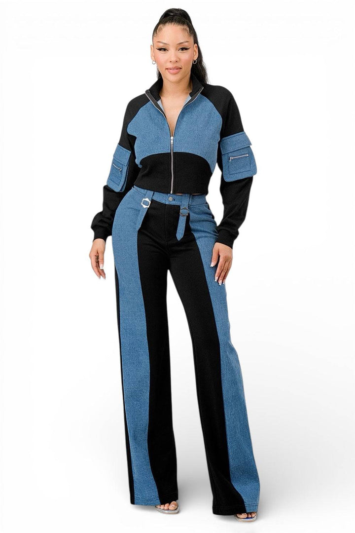 Mixed Material Denim Zip Up Crop Jacket Pants Set