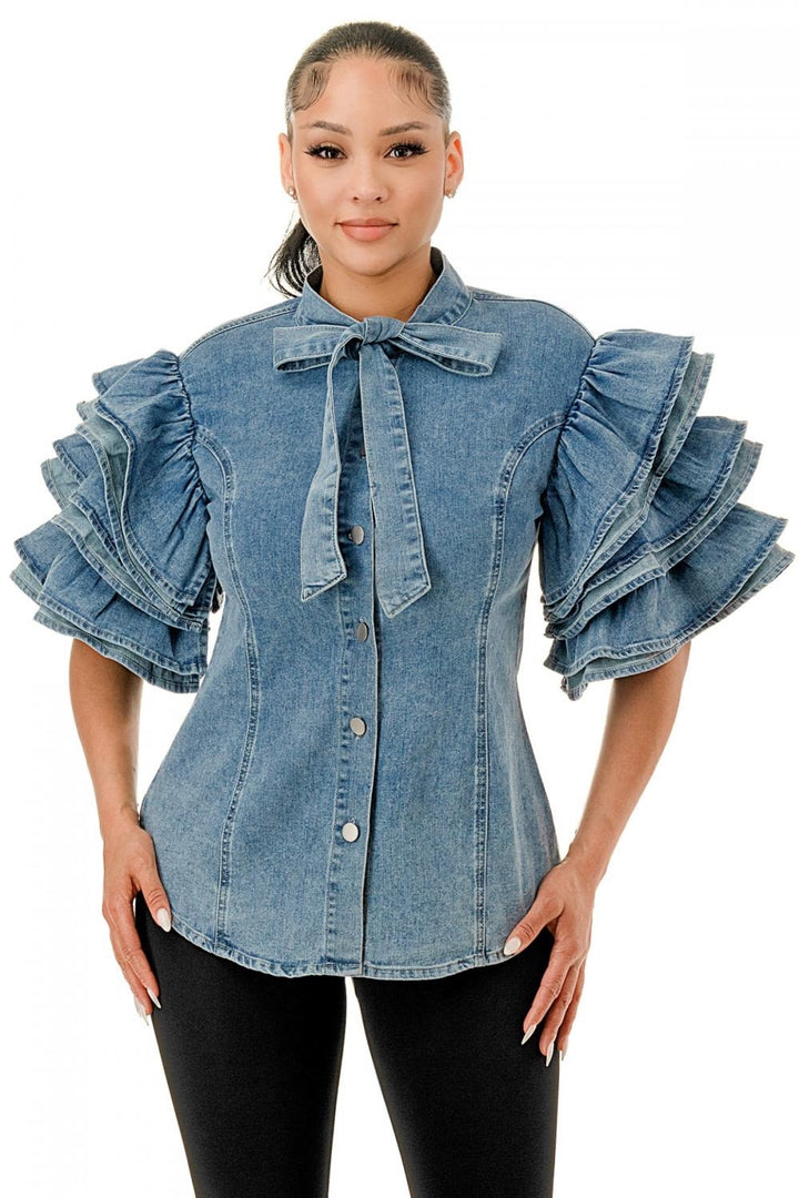 Denim Bow Blouse with Fringe Sleeves {GREAT STRETCH}