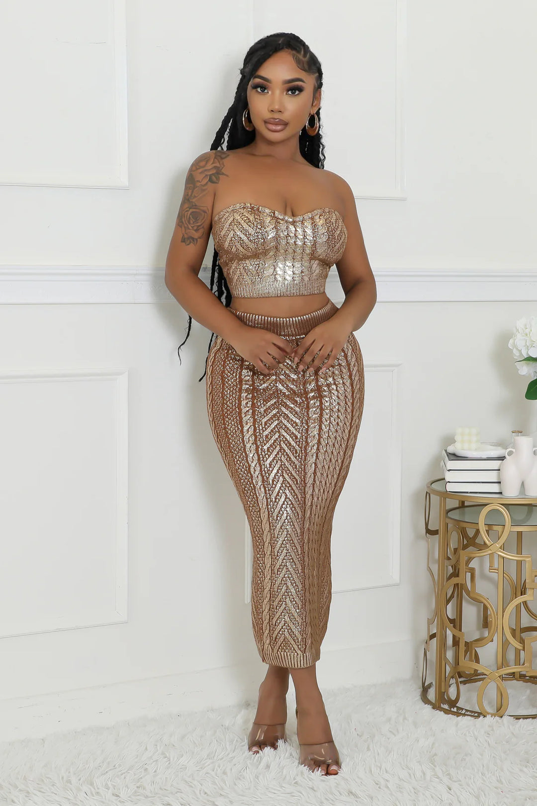 Gold Metallic Knit Sweetheart Tube Top and Skirt Two Piece Set