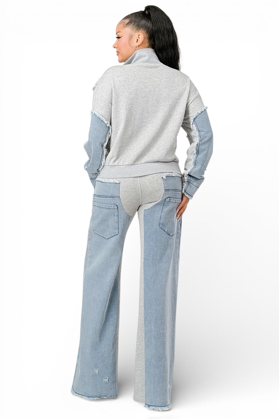Mixed Material Denim Zip Up Jacket & Wide Leg Pants Set